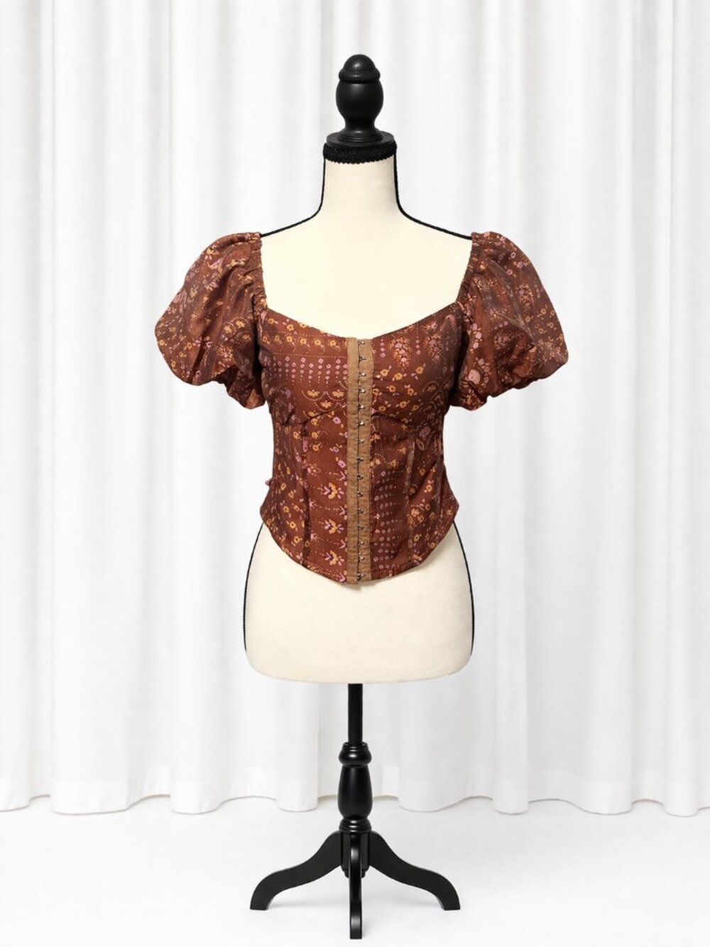 Heartloom Floral Smocked Puff Sleeve Top XS Brown Boho Cottagecore